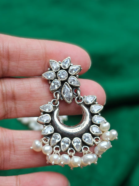 Chandbali  Silver Zircon Earrings, Indian 925 Silver Earring