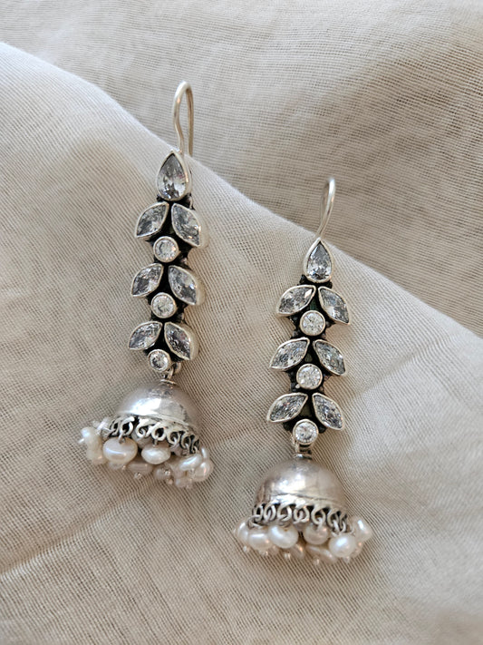 Palak - Pearl & Cubic Zirconia Silver Jhumka Earrings | 925 Indian Ethnic Jewelry Online | Traditional Indian Earrings