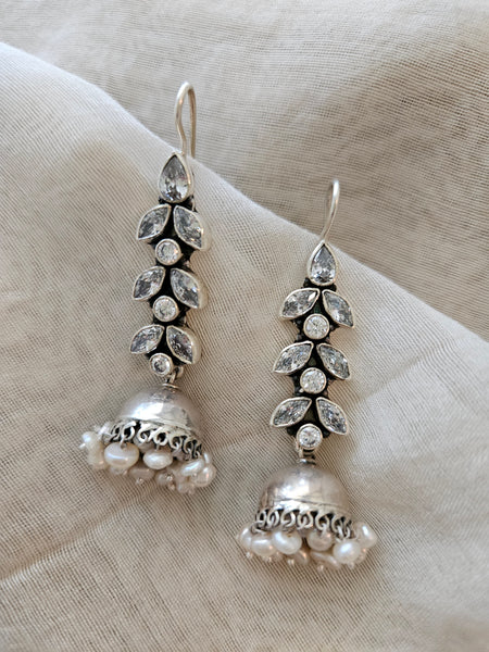Palak - Pearl & Cubic Zirconia Silver Jhumka Earrings | 925 Indian Ethnic Jewelry Online | Traditional Indian Earrings