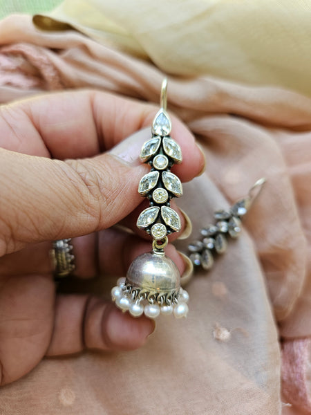 Palak - Pearl & Cubic Zirconia Silver Jhumka Earrings | 925 Indian Ethnic Jewelry Online | Traditional Indian Earrings