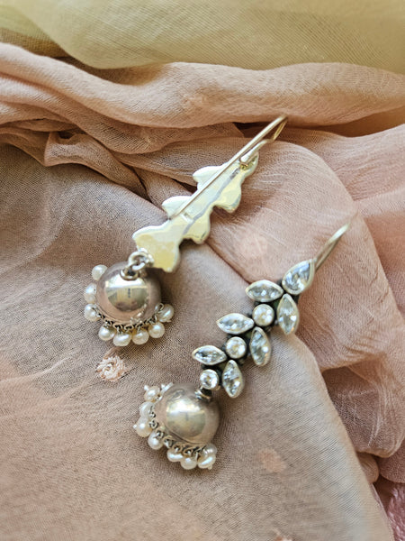 Palak - Pearl & Cubic Zirconia Silver Jhumka Earrings | 925 Indian Ethnic Jewelry Online | Traditional Indian Earrings