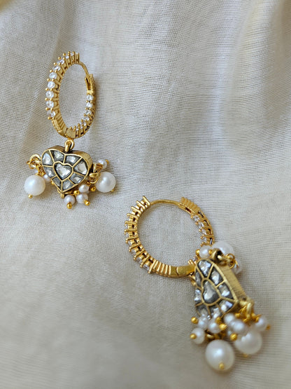 Kaner - Gold plated sterling silver kundan Earring, Gold Plated Silver pearl and kundan Chandbali, Indian Gold Earring