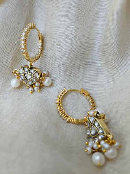 Kaner - Gold plated sterling silver kundan Earring, Gold Plated Silver pearl and kundan Chandbali, Indian Gold Earring