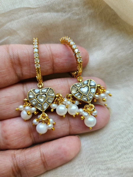 Kaner - Gold plated sterling silver kundan Earring, Gold Plated Silver pearl and kundan Chandbali, Indian Gold Earring