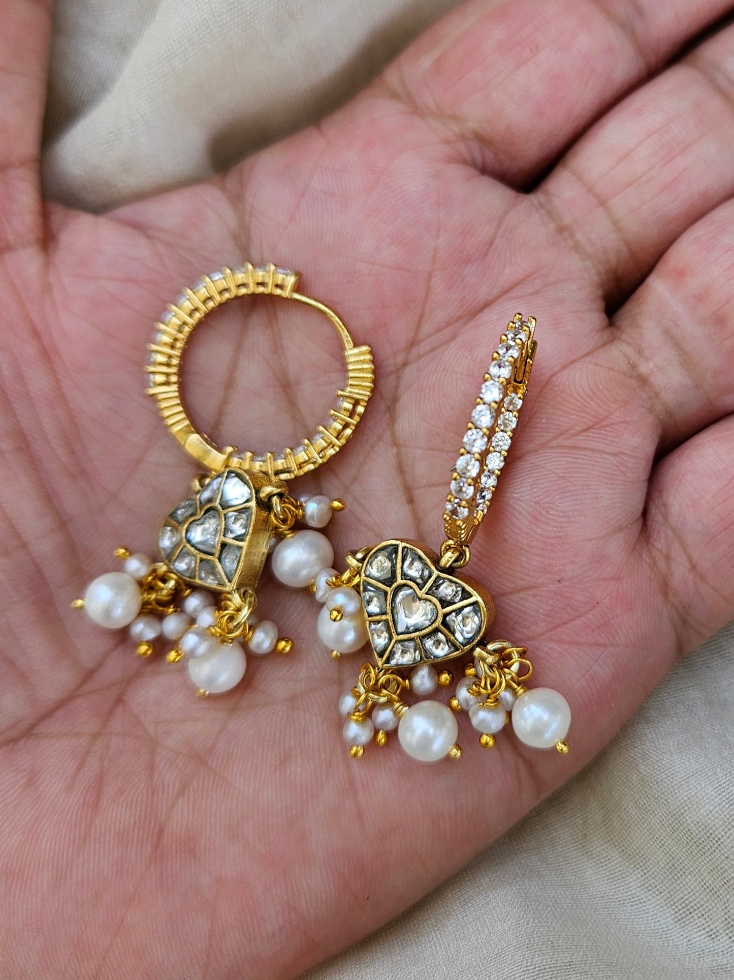 Kaner - Gold plated sterling silver kundan Earring, Gold Plated Silver pearl and kundan Chandbali, Indian Gold Earring
