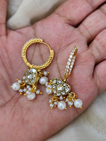 Kaner - Gold plated sterling silver kundan Earring, Gold Plated Silver pearl and kundan Chandbali, Indian Gold Earring
