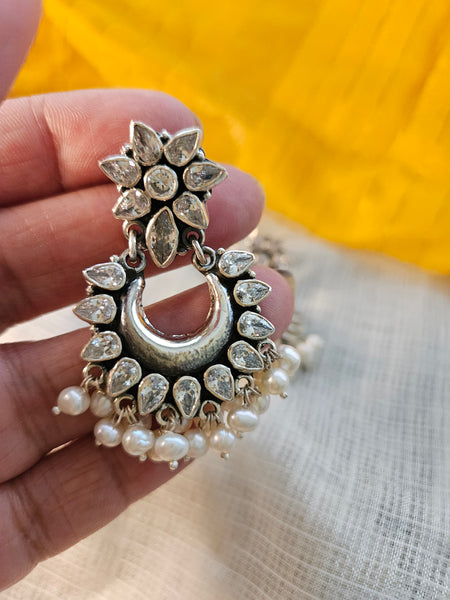 Chandbali  Silver Zircon Earrings, Indian 925 Silver Earring