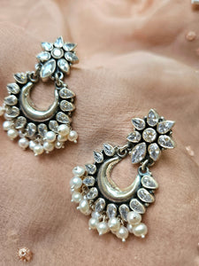 Chandbali  Silver Zircon Earrings, Indian 925 Silver Earring