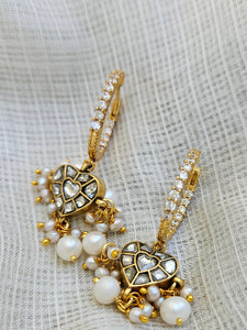 Kaner - Gold plated sterling silver kundan Earring, Gold Plated Silver pearl and kundan Chandbali, Indian Gold Earring