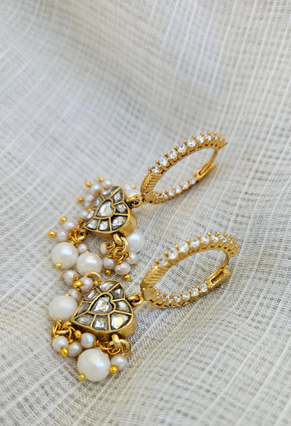 Kaner - Gold plated sterling silver kundan Earring, Gold Plated Silver pearl and kundan Chandbali, Indian Gold Earring