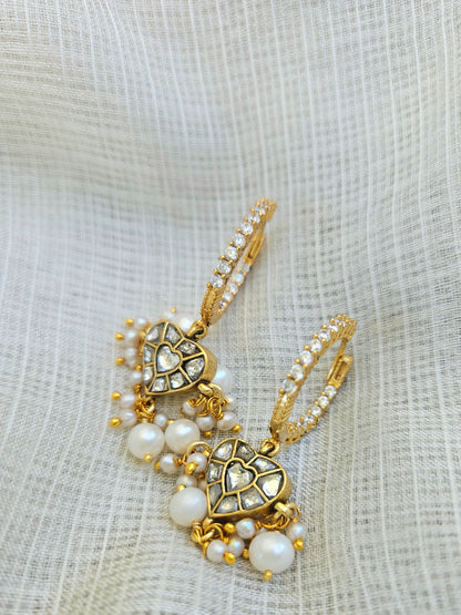 Kaner - Gold plated sterling silver kundan Earring, Gold Plated Silver pearl and kundan Chandbali, Indian Gold Earring