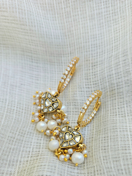 Kaner - Gold plated sterling silver kundan Earring, Gold Plated Silver pearl and kundan Chandbali, Indian Gold Earring