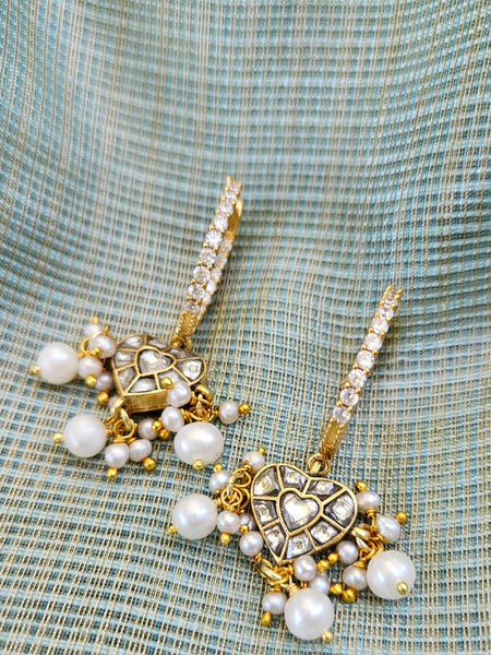 Kaner - Gold plated sterling silver kundan Earring, Gold Plated Silver pearl and kundan Chandbali, Indian Gold Earring