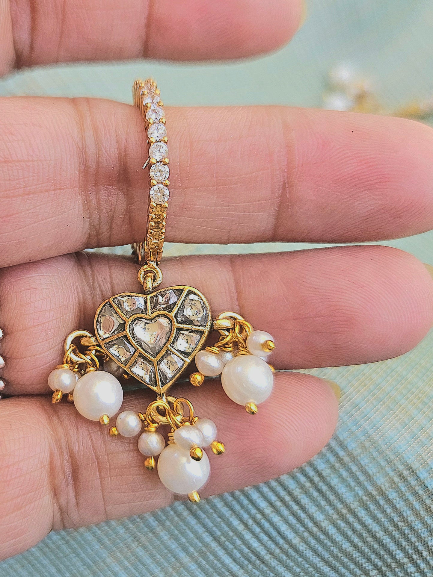 Kaner - Gold plated sterling silver kundan Earring, Gold Plated Silver pearl and kundan Chandbali, Indian Gold Earring