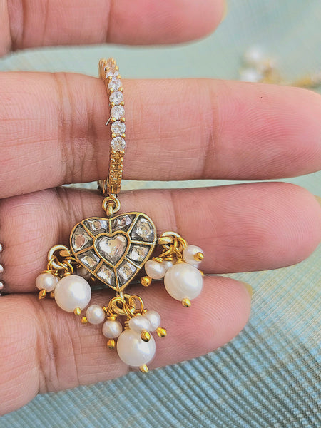 Kaner - Gold plated sterling silver kundan Earring, Gold Plated Silver pearl and kundan Chandbali, Indian Gold Earring