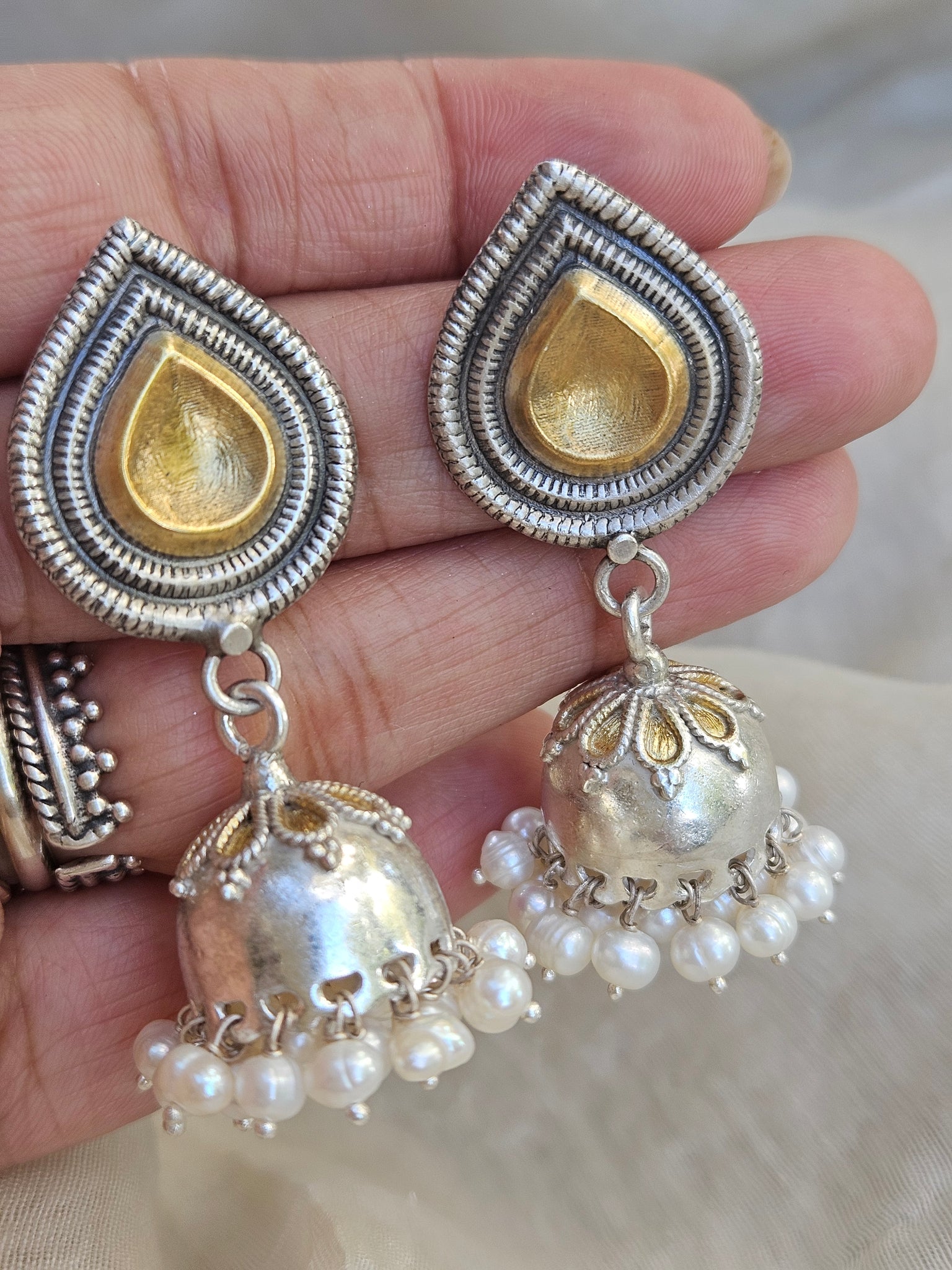 Abha - Gold plated 925 Sterling silver dual tone Jhumka Earring