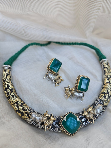 925 Sterling Silver Dual tone Pichwai Hasli Necklace