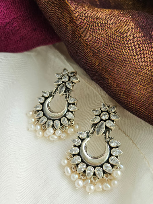 Chandbali  Silver Zircon Earrings, Indian 925 Silver Earring