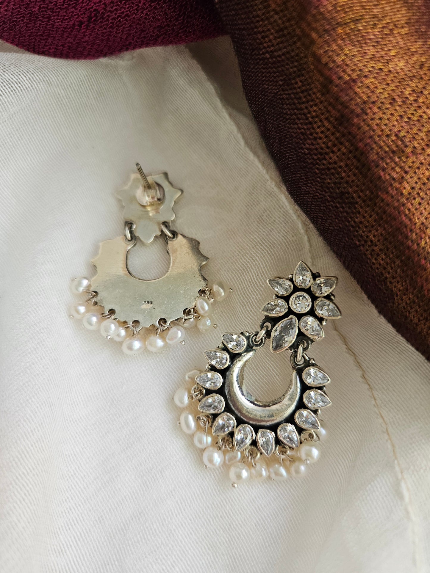 Chandbali  Silver Zircon Earrings, Indian 925 Silver Earring