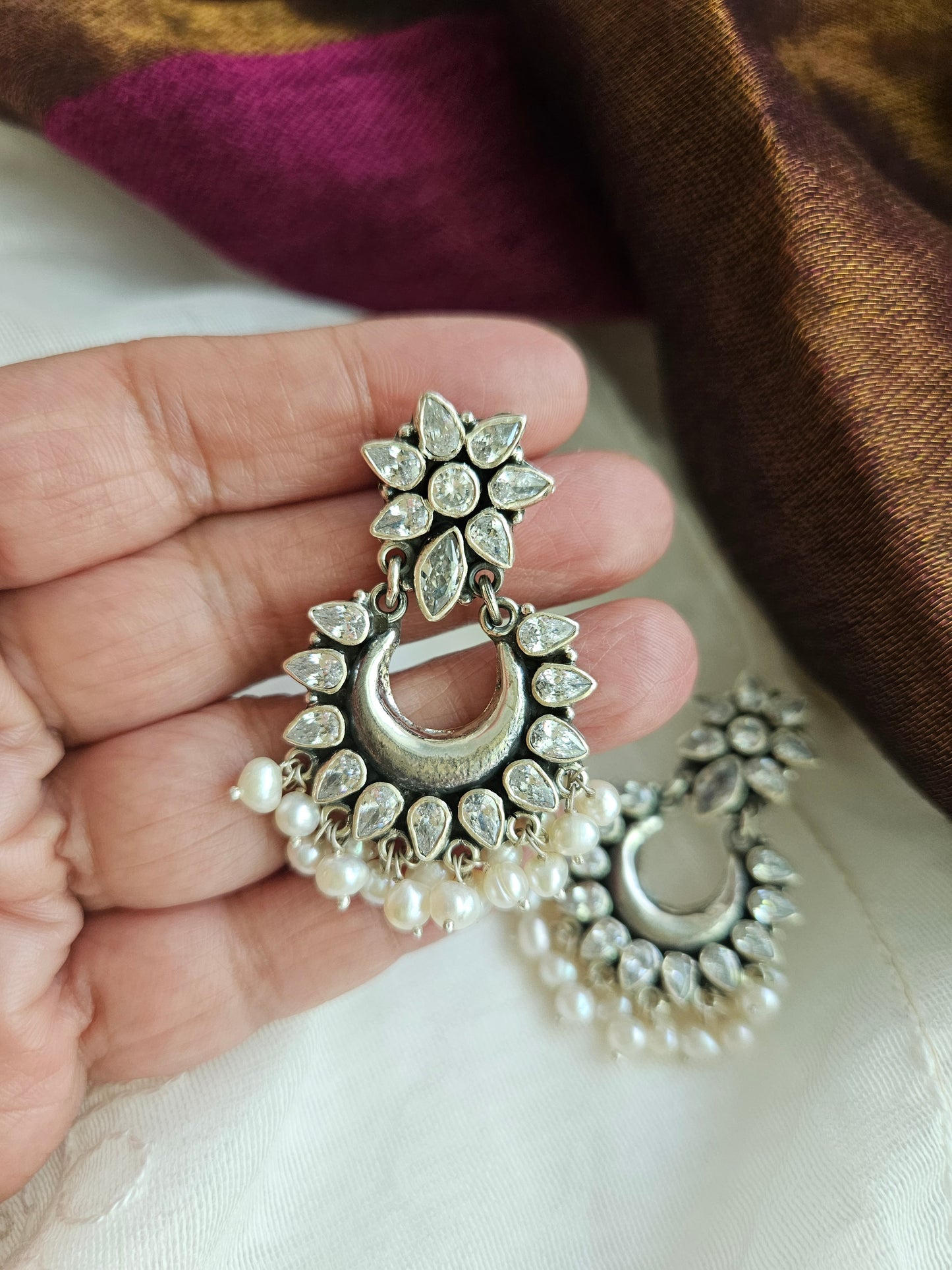 Chandbali  Silver Zircon Earrings, Indian 925 Silver Earring