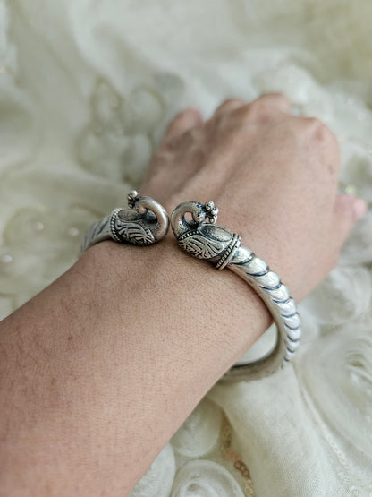 925 Silver Bangle, Pure Silver Kada, Open ended peacock kada