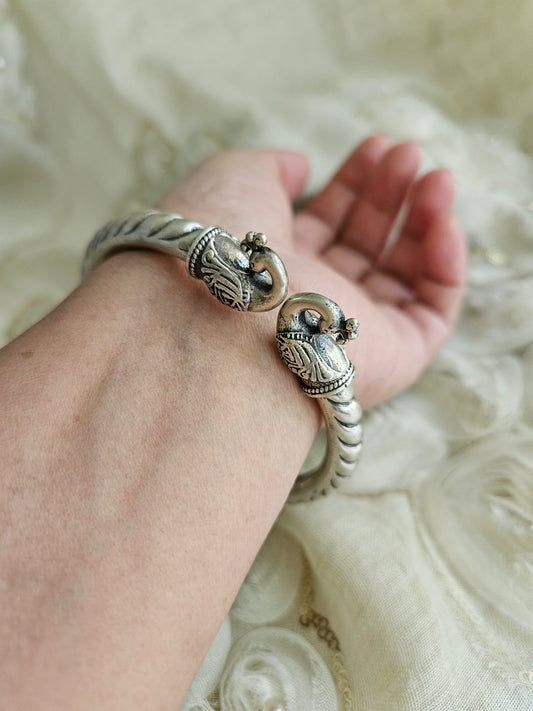925 Silver Bangle, Pure Silver Kada, Open ended peacock kada