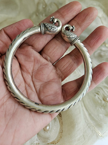 925 Silver Bangle, Pure Silver Kada, Open ended peacock kada