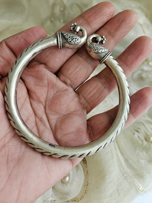 925 Silver Bangle, Pure Silver Kada, Open ended peacock kada