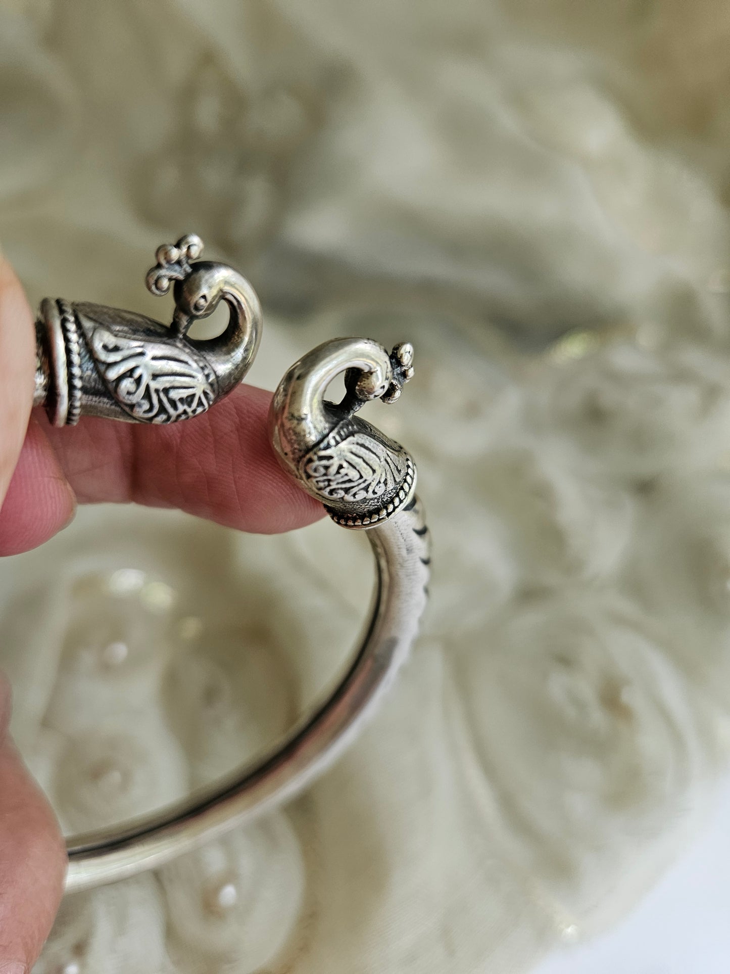 925 Silver Bangle, Pure Silver Kada, Open ended peacock kada