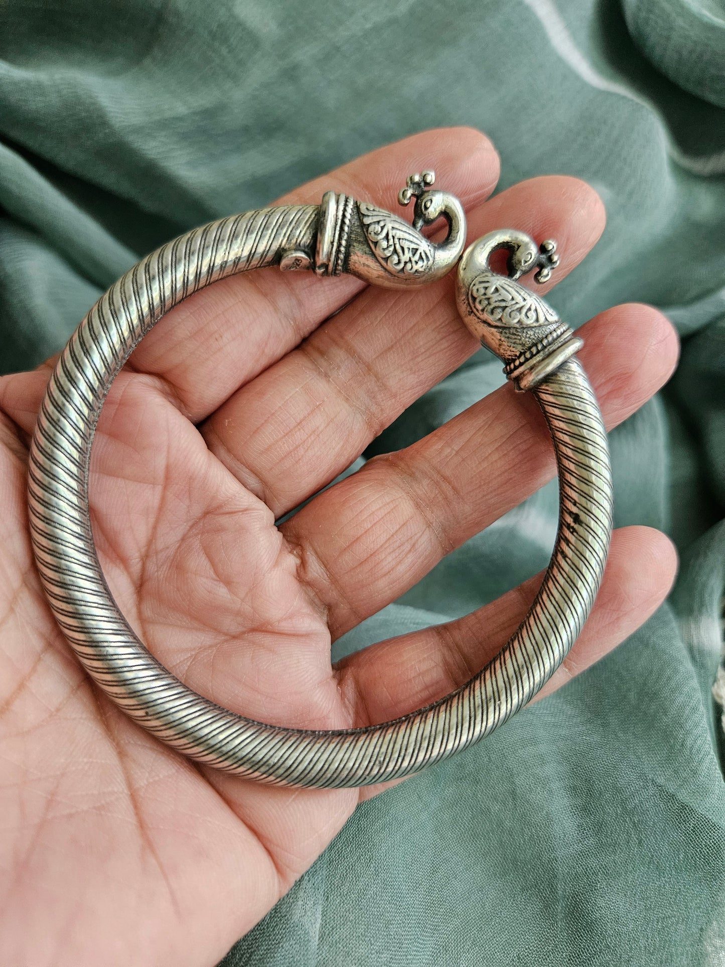 925 Sterling Silver Bangle, Open ended Silver Kada for women, Peacock Bangle