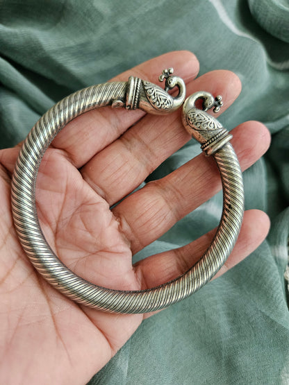 925 Sterling Silver Bangle, Open ended Silver Kada for women, Peacock Bangle
