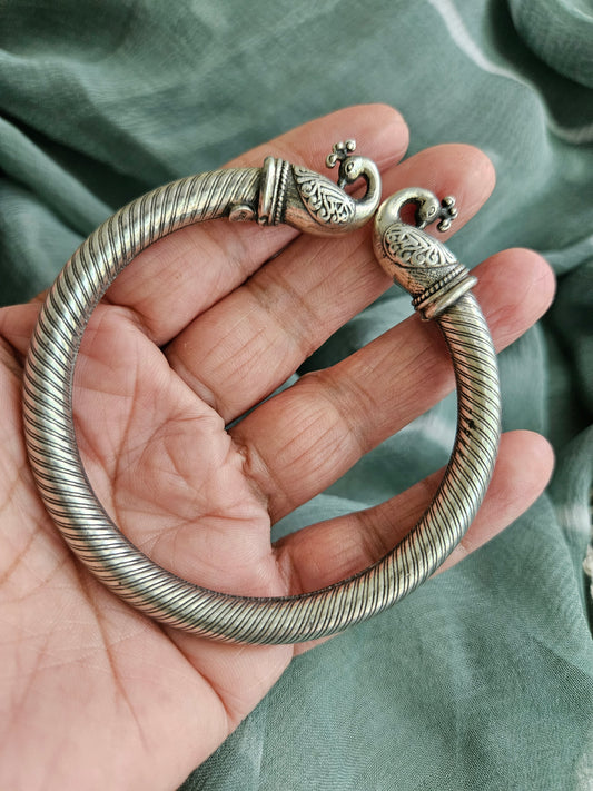 925 Sterling Silver Bangle, Open ended Silver Kada for women, Peacock Bangle