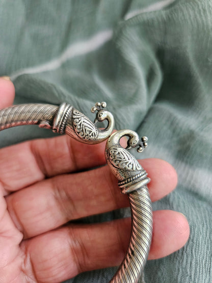 925 Sterling Silver Bangle, Open ended Silver Kada for women, Peacock Bangle