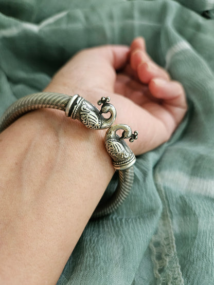 925 Sterling Silver Bangle, Open ended Silver Kada for women, Peacock Bangle