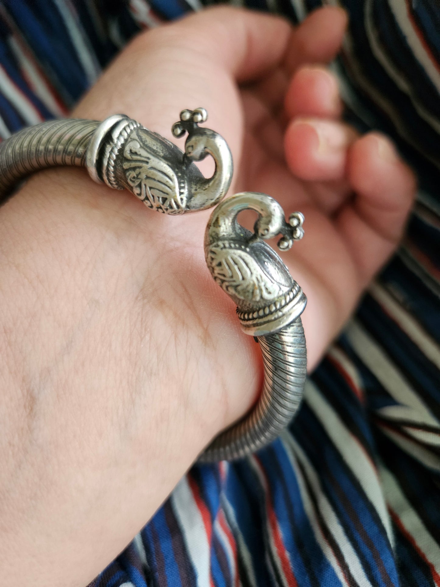 925 Sterling Silver Bangle, Open ended Silver Kada for women, Peacock Bangle
