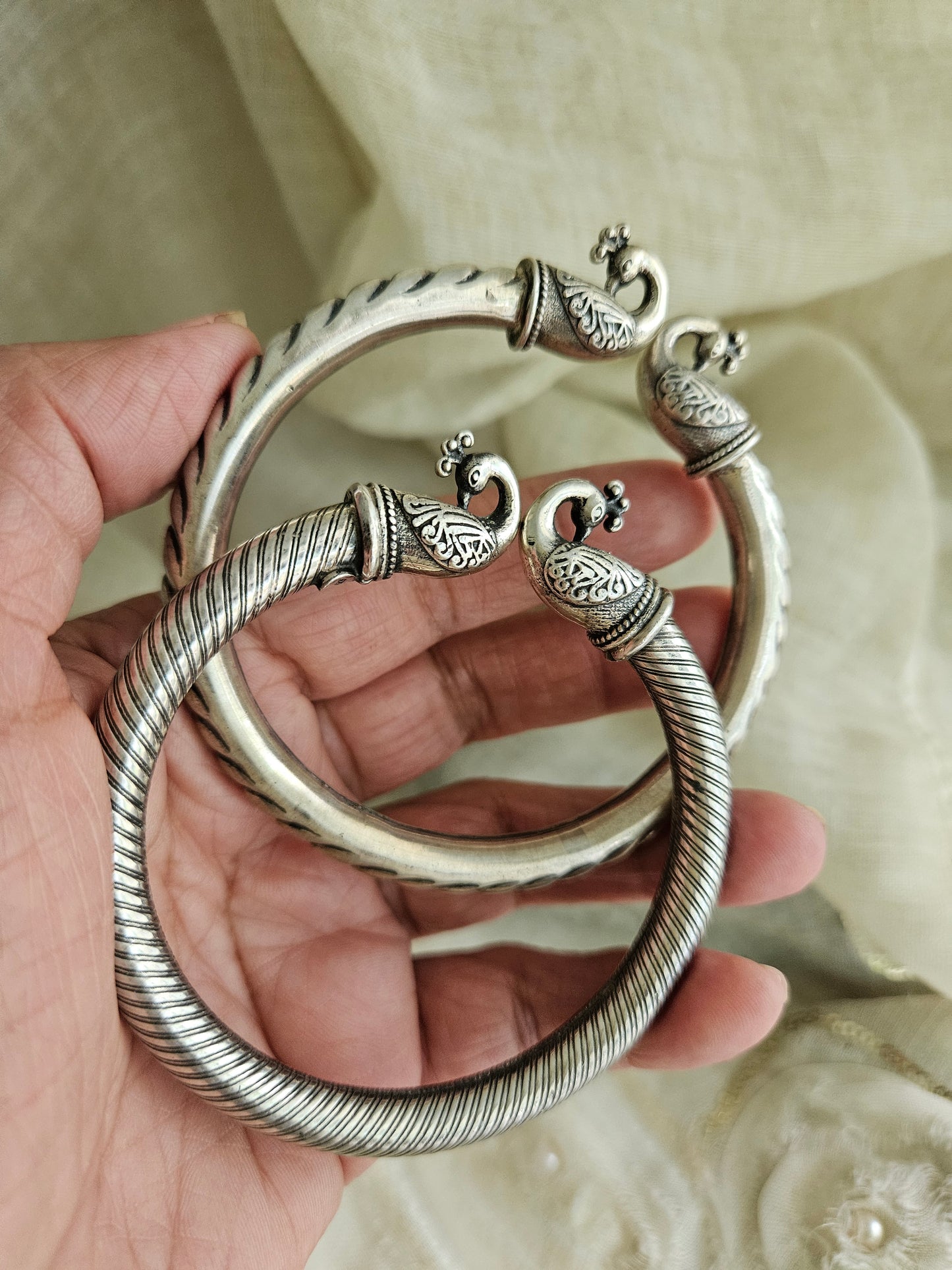 925 Silver Bangle, Pure Silver Kada, Open ended peacock kada