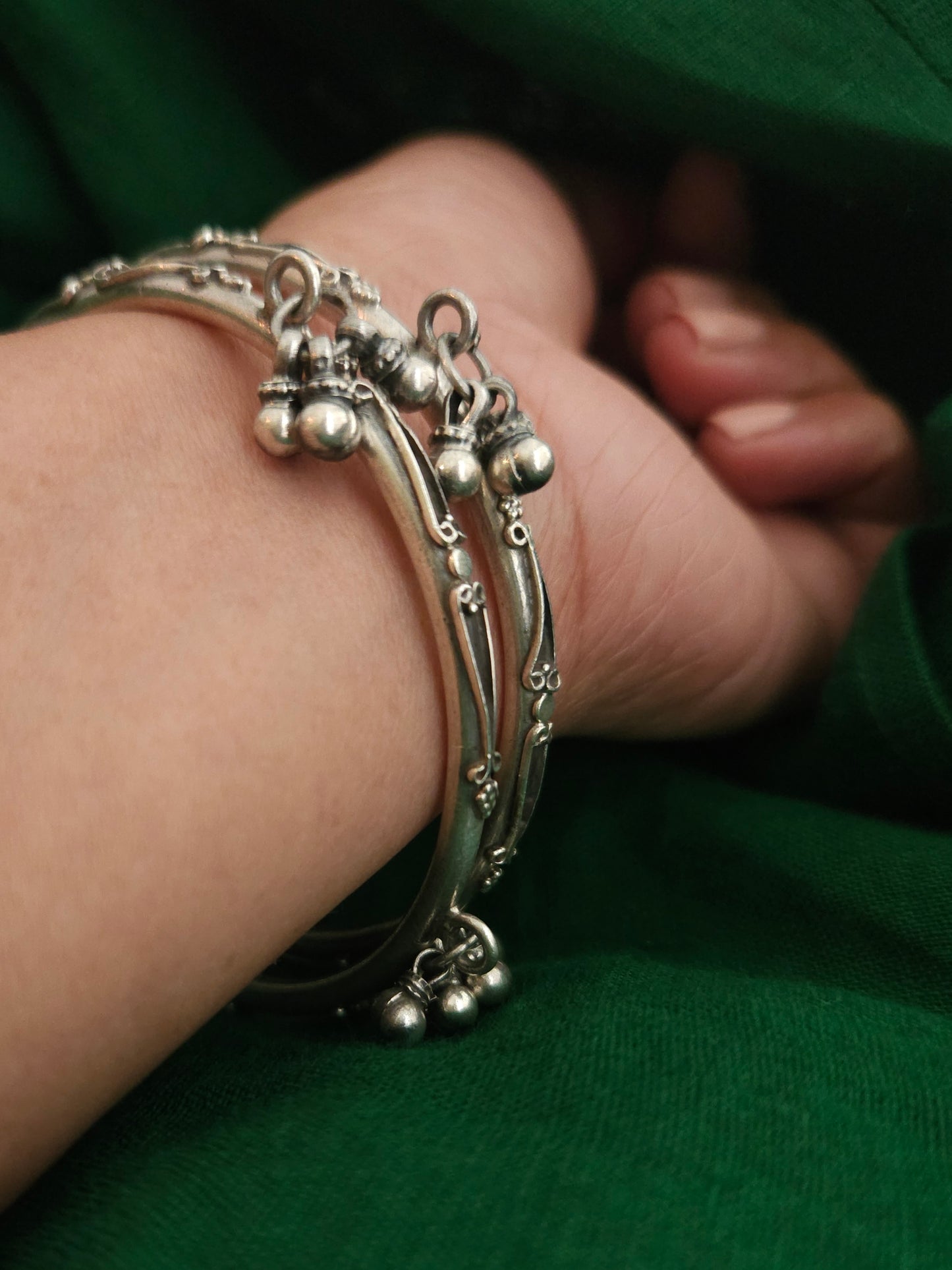 Oxidized 925 Sterling Silver Bangle with Ghungroo Bell Charms
