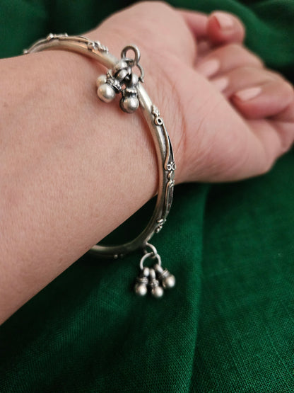 Oxidized 925 Sterling Silver Bangle with Ghungroo Bell Charms