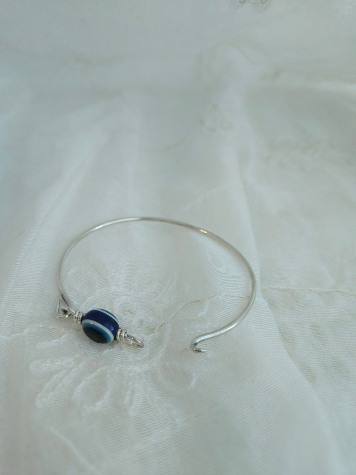 Evil Eye Bangle Bracelet – 925 Sterling Silver Hook Clasp Bangle with Blue Glass Nazar Bead