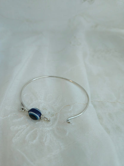 Evil Eye Bangle Bracelet – 925 Sterling Silver Hook Clasp Bangle with Blue Glass Nazar Bead