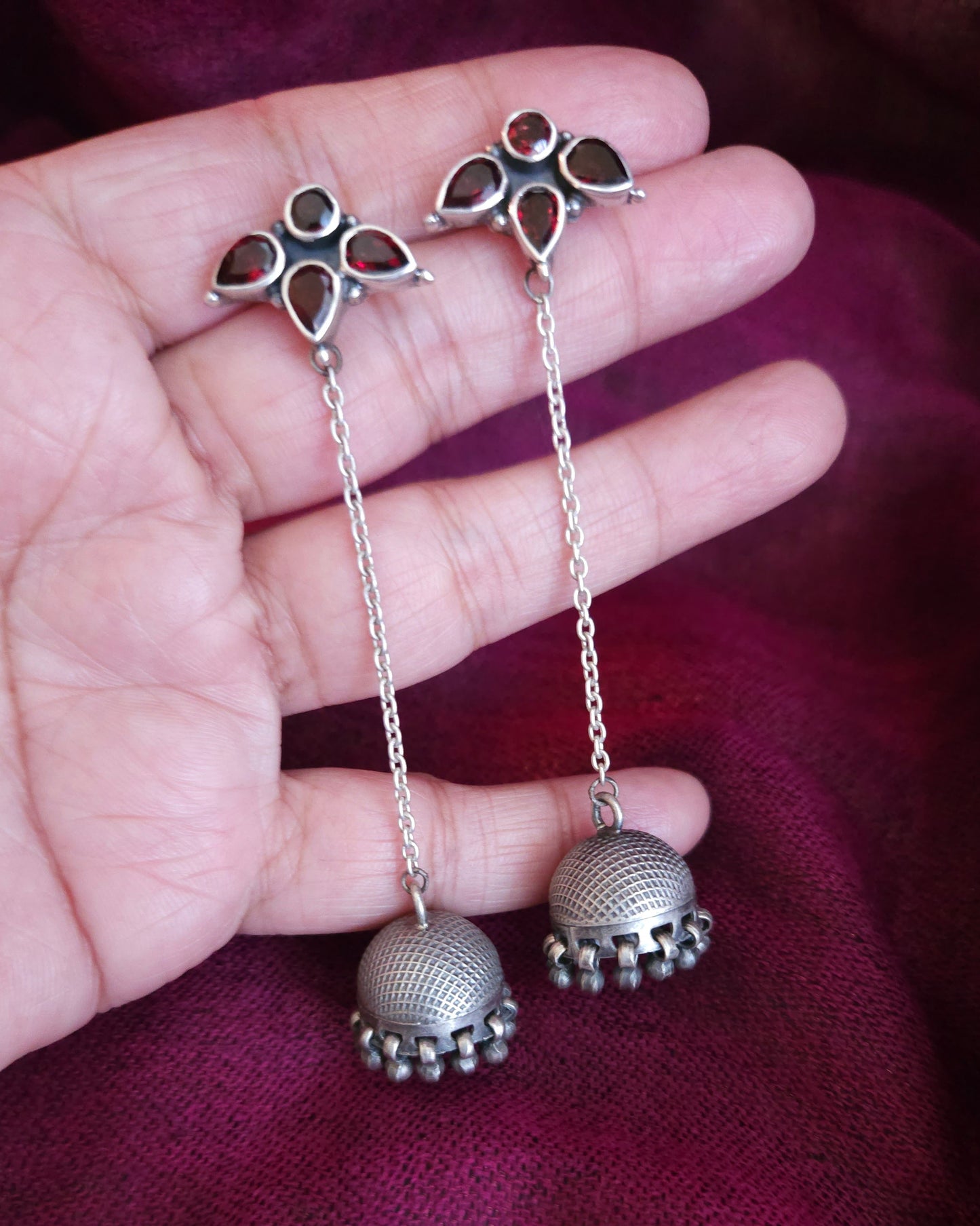 Garnet Silver Jhumka Chain Earrings, 8cm | Oxidized 925 Sterling Silver | Handmade Jaipur