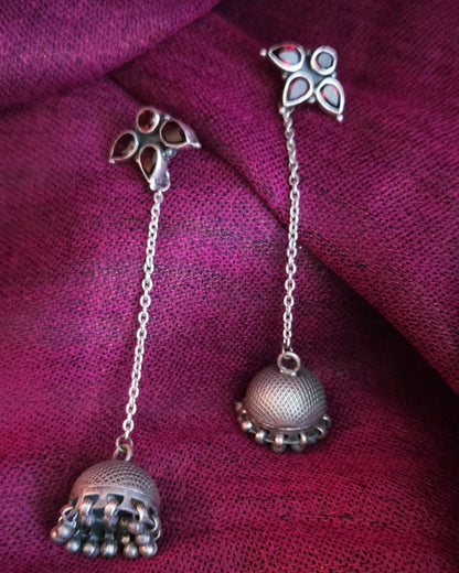 Garnet Silver Jhumka Chain Earrings, 8cm | Oxidized 925 Sterling Silver | Handmade Jaipur