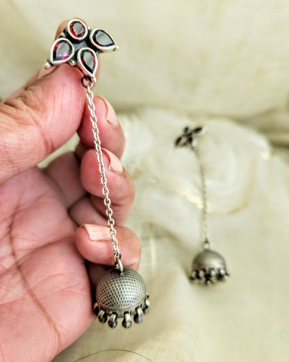 Garnet Silver Jhumka Chain Earrings, 8cm | Oxidized 925 Sterling Silver | Handmade Jaipur
