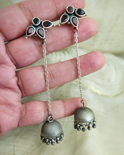 Garnet Silver Jhumka Chain Earrings, 8cm | Oxidized 925 Sterling Silver | Handmade Jaipur