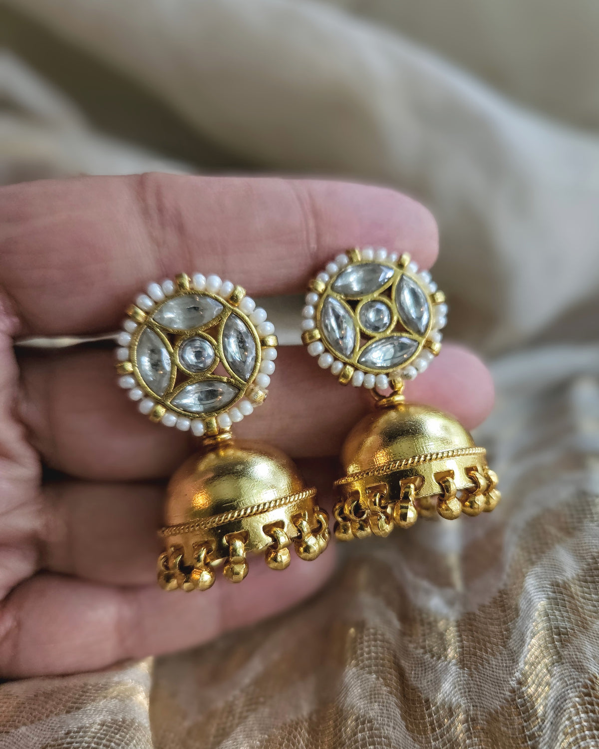 Gold Plated 925 Silver Jhumka Earrings — Kundan Style with Pearls