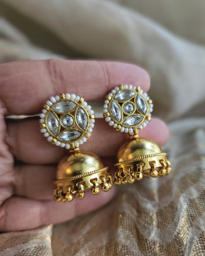 Gold Plated 925 Silver Jhumka Earrings — Kundan Style with Pearls