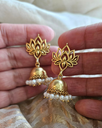 Lotus Jhumka Pearl Drop Earrings – 925 Sterling Silver, Gold Plated