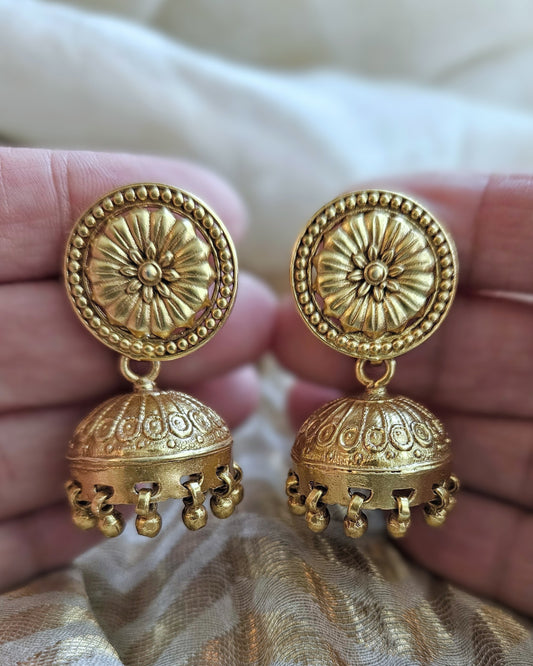 Gold Sunburst Jhumka Earrings — 925 Silver, Handcrafted Temple Jewelry