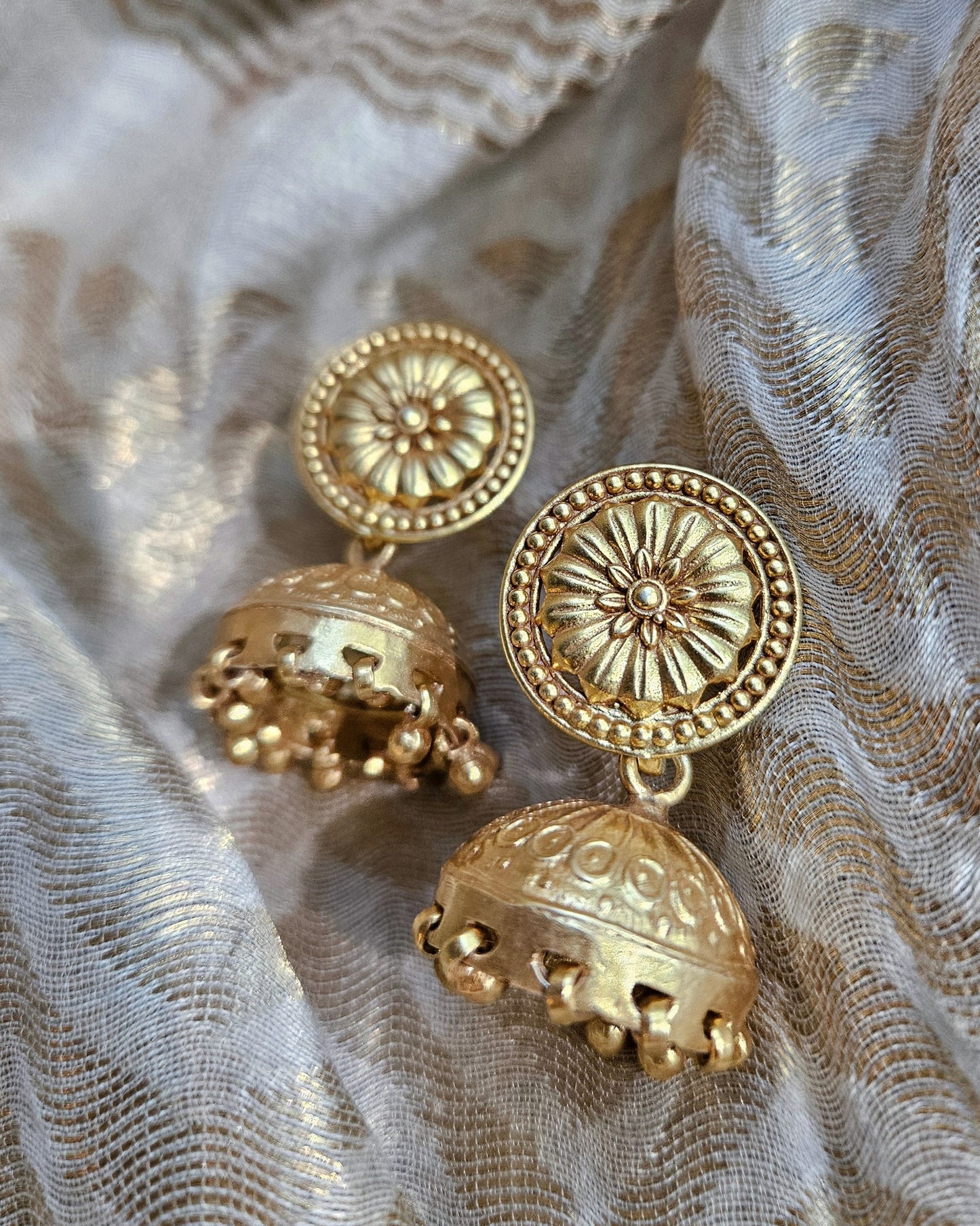 Gold Sunburst Jhumka Earrings — 925 Silver, Handcrafted Temple Jewelry