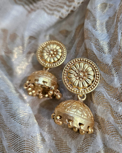 Gold Sunburst Jhumka Earrings — 925 Silver, Handcrafted Temple Jewelry